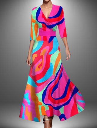 Multicolor abstract V-neck half-sleeve boho maxi dress with wrap-style waist
