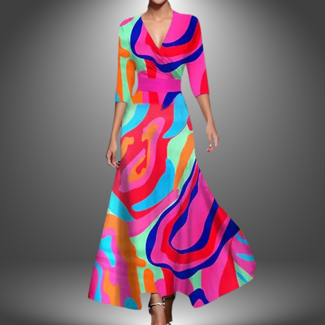 Multicolor abstract V-neck half-sleeve boho maxi dress with wrap-style waist
