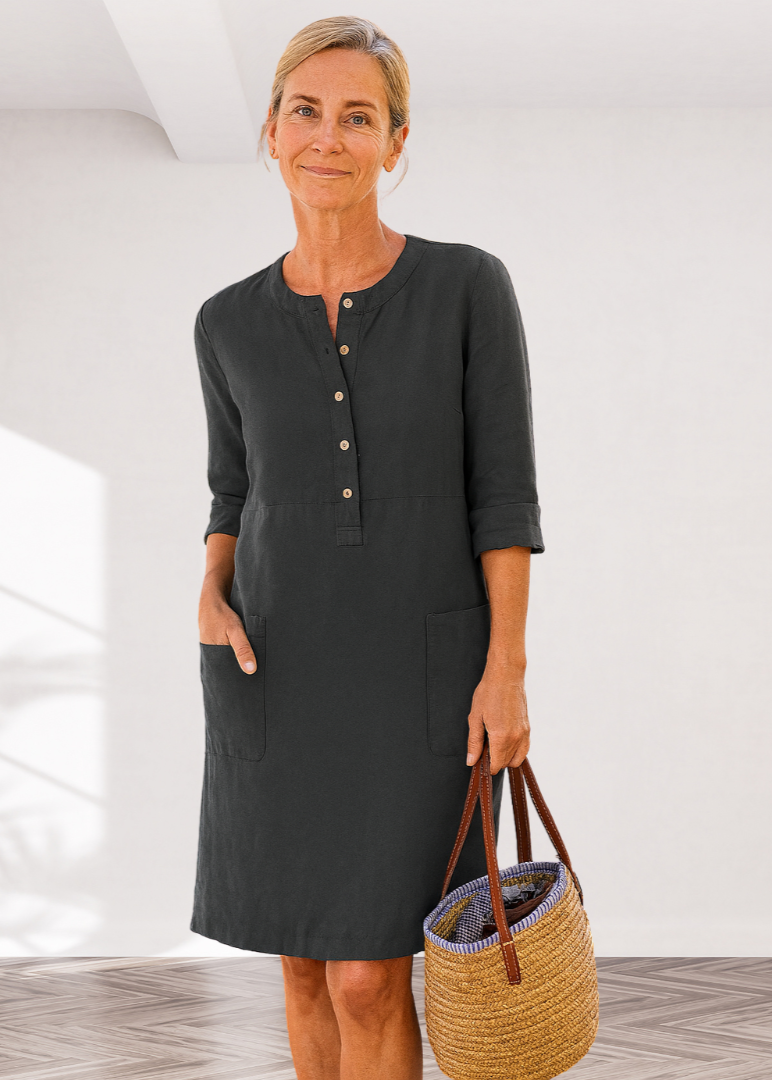 Black linen-look everyday dress with front buttons, three-quarter sleeves, side pockets