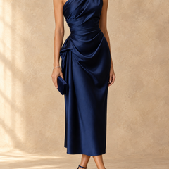 One-shoulder ruched satin midi dress in navy, draped bust and gathered waist