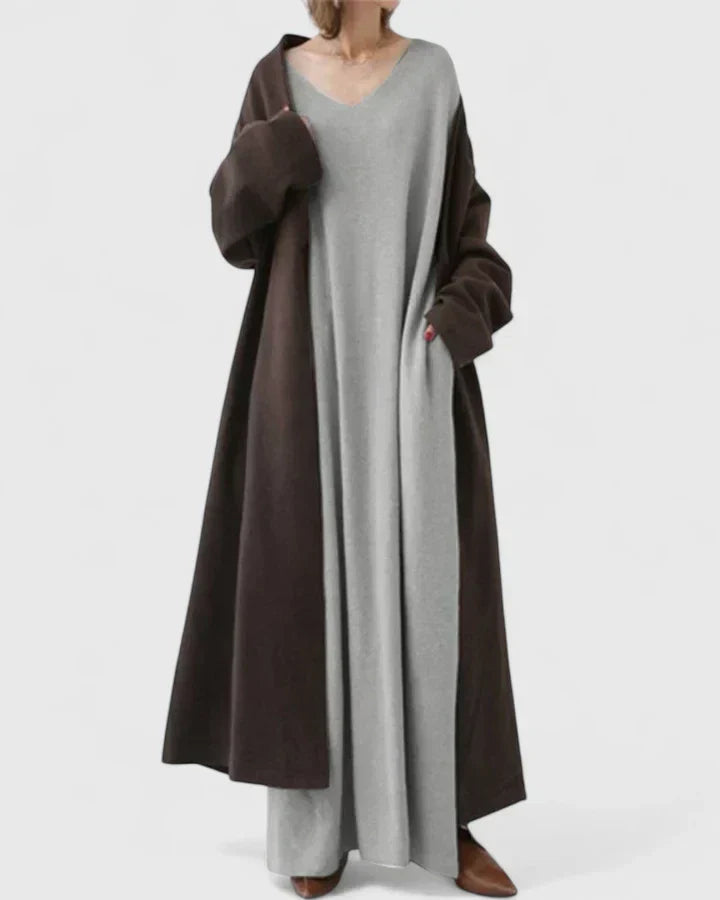 Gray long-sleeve maxi dress with V-neck, loose drape, and side slit hem