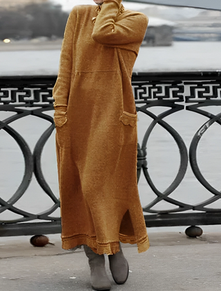 Camel hooded winter maxi dress with long sleeves, front pockets, and side slit
