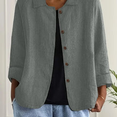 Lightweight button-front top with collar, three-quarter sleeves, muted green-gray