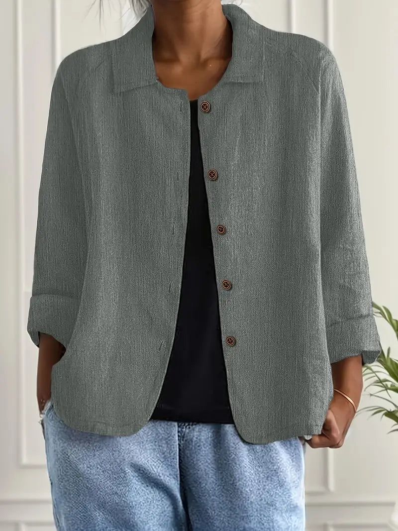 Lightweight button-front top with collar, three-quarter sleeves, muted green-gray