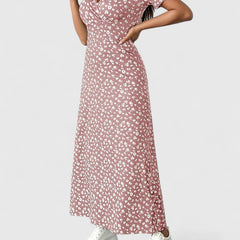 Maxi casual dress, dusty rose floral print with short puff sleeves