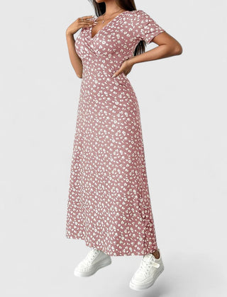 Maxi casual dress, dusty rose floral print with short puff sleeves