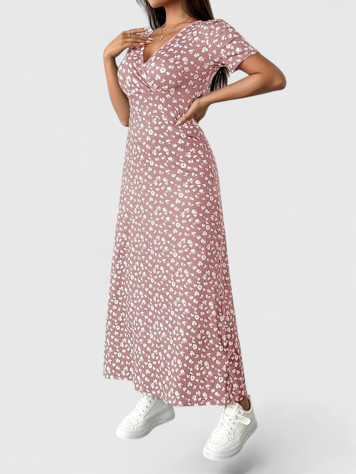 Maxi casual dress, dusty rose floral print with short puff sleeves