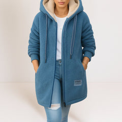Blue fleece zip hoodie jacket with sherpa lining, drawstring hood, front zip, pockets