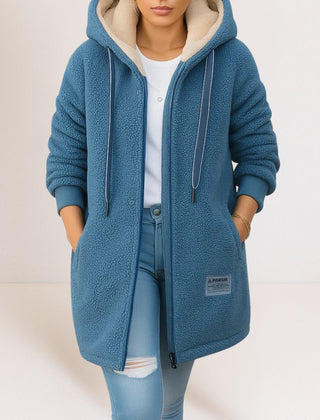 Blue fleece zip hoodie jacket with sherpa lining, drawstring hood, front zip, pockets
