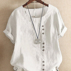 White summer tee with V-neck, front button placket, short sleeves and pendant charm