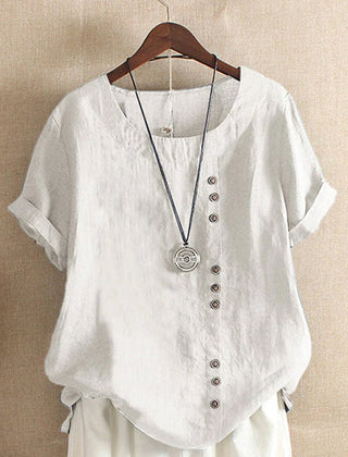 White summer tee with V-neck, front button placket, short sleeves and pendant charm
