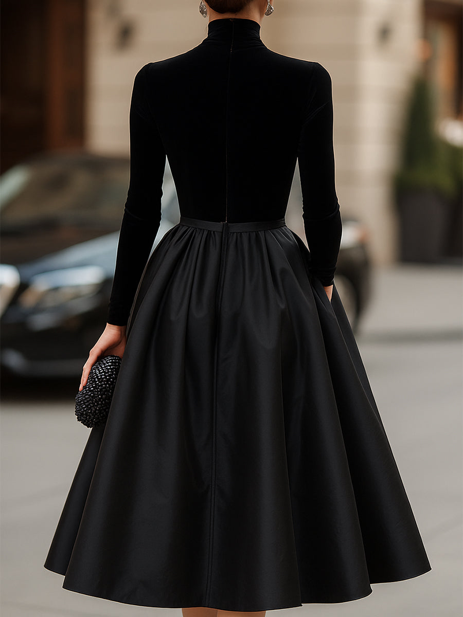 Black midi dress back with high neckline, long sleeves, and flared skirt with center seam