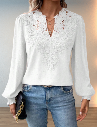 White embroidered lightweight blouse with V-neck button placket and long puff sleeves