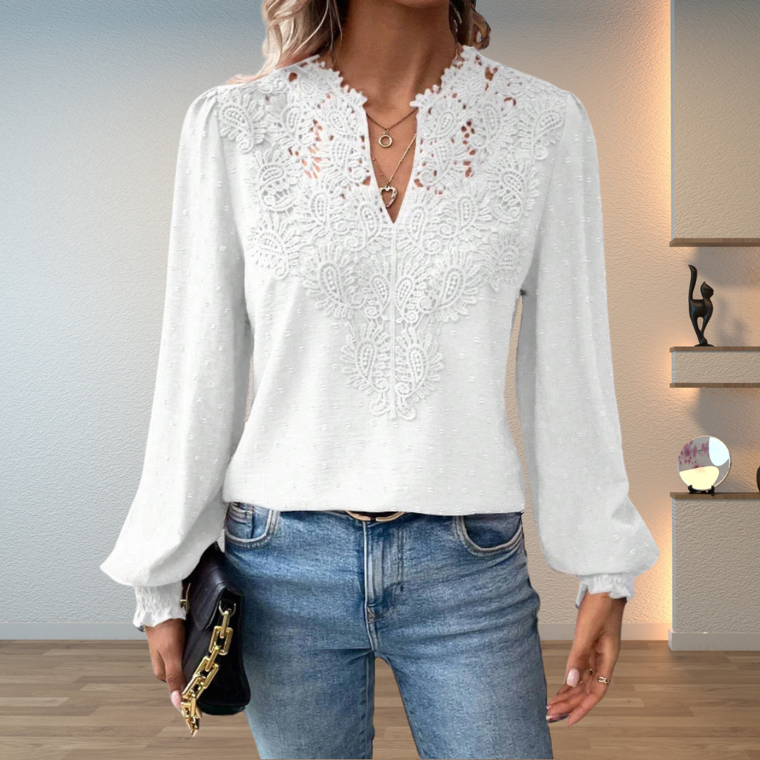 White embroidered lightweight blouse with V-neck button placket and long puff sleeves