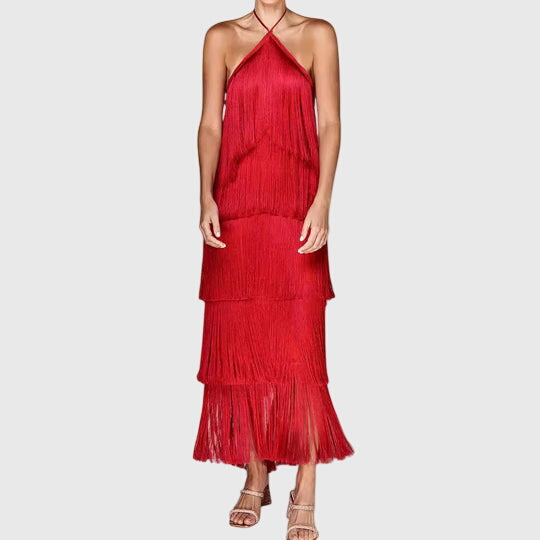 Red halter tassel dress with layered fringe and straight skirt hem
