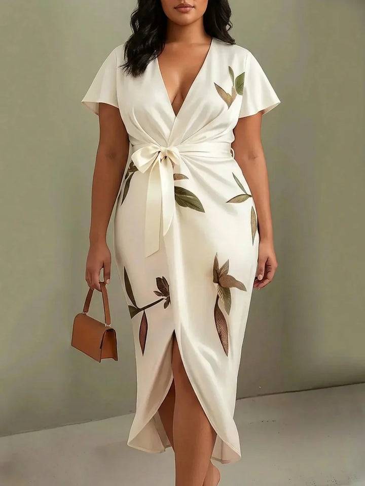 Judy | White Leaf Short Sleeve Satin Midi Dress