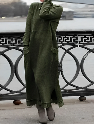 Green hooded winter maxi dress with long sleeves, front pockets, and side slit