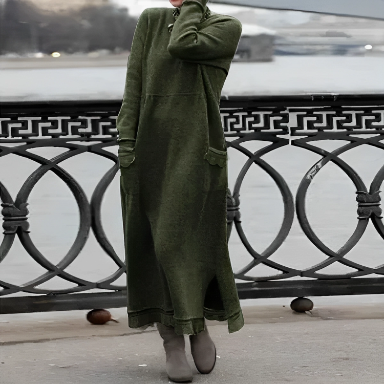 Green hooded winter maxi dress with long sleeves, front pockets, and side slit