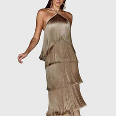 Gold halter tassel dress with vertical fringe layers and low halter neckline
