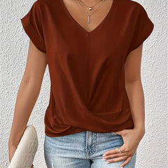 Dark brown sweetheart V-neck casual t-shirt with draped knot front and short sleeves