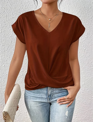 Dark brown sweetheart V-neck casual t-shirt with draped knot front and short sleeves