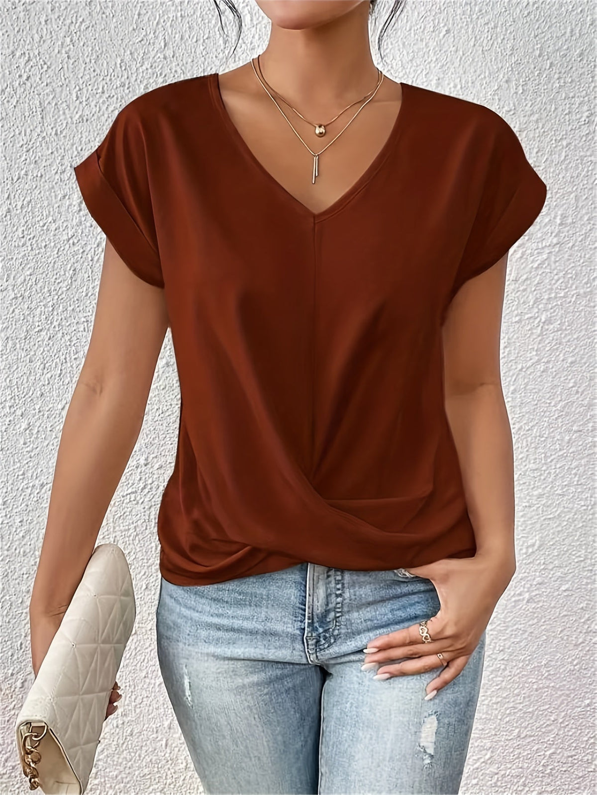 Dark brown sweetheart V-neck casual t-shirt with draped knot front and short sleeves