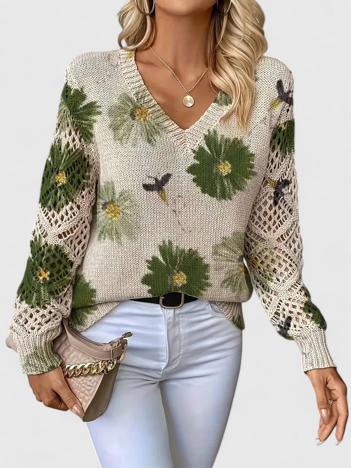 Cream knit cardigan with green flower and bird print, V-neck and openwork sleeves
