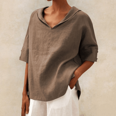 Oversized linen shirt in caramel brown with V-neck and short sleeves