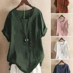 Green summer tee with V-neck, button placket, short sleeves and layered necklace pendant