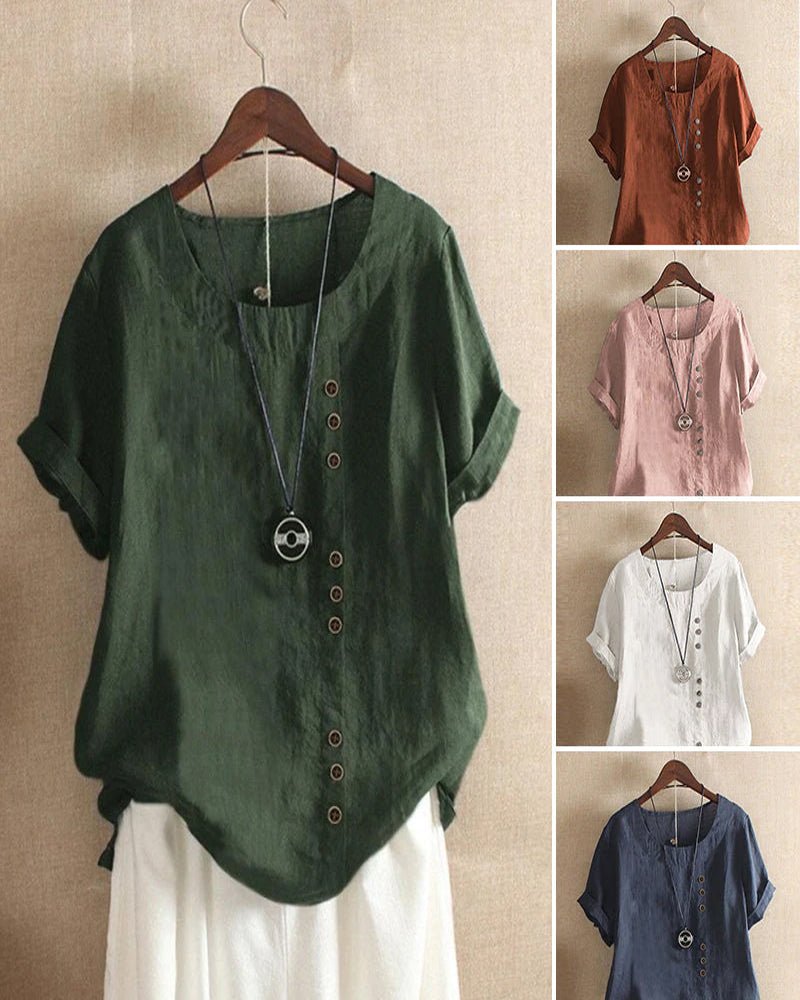 Green summer tee with V-neck, button placket, short sleeves and layered necklace pendant