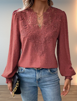 Burgundy embroidered lightweight blouse with V-neck button placket and long puff sleeves