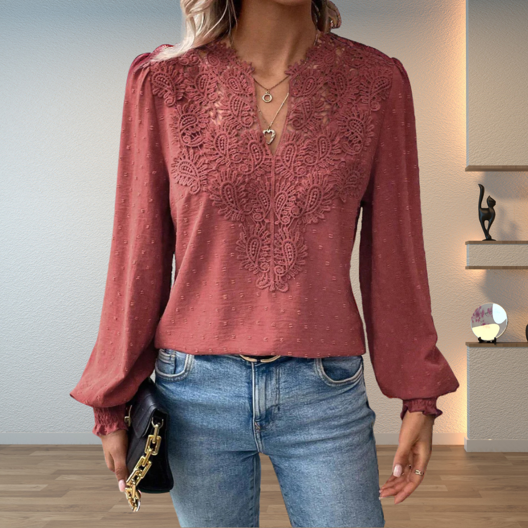 Burgundy embroidered lightweight blouse with V-neck button placket and long puff sleeves