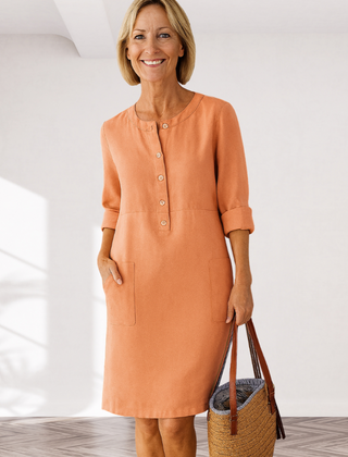 Orange linen-look everyday dress with button placket, three-quarter sleeves, side pockets