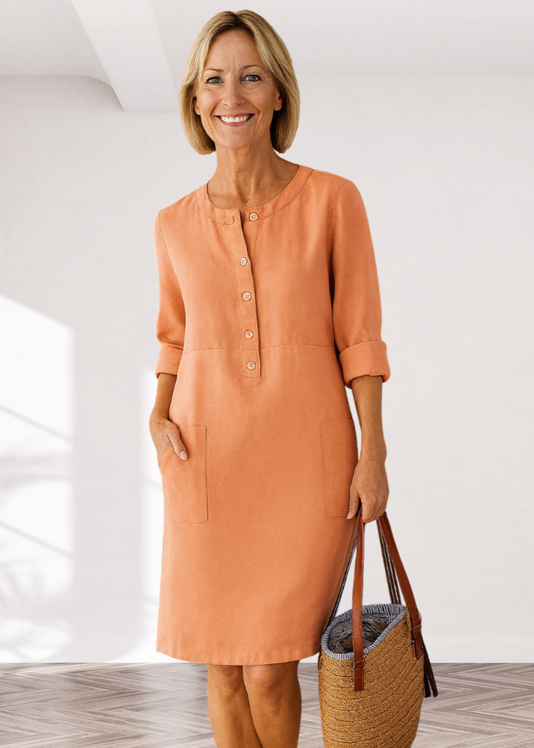 Orange linen-look everyday dress with button placket, three-quarter sleeves, side pockets