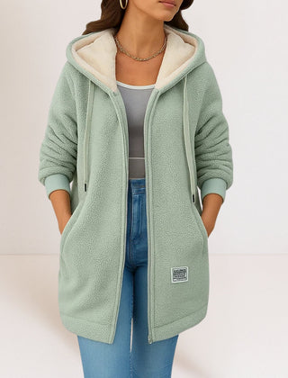 Green fleece zip hoodie jacket with sherpa lining, drawstring hood, front zip, side pockets