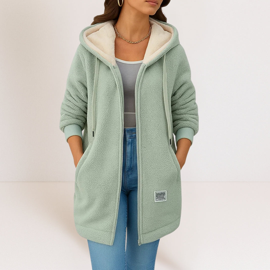 Green fleece zip hoodie jacket with sherpa lining, drawstring hood, front zip, side pockets