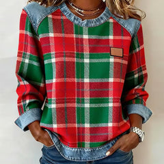 Plaid top with denim-trim neckline, long sleeves, chest patch pocket, red-and-green checks