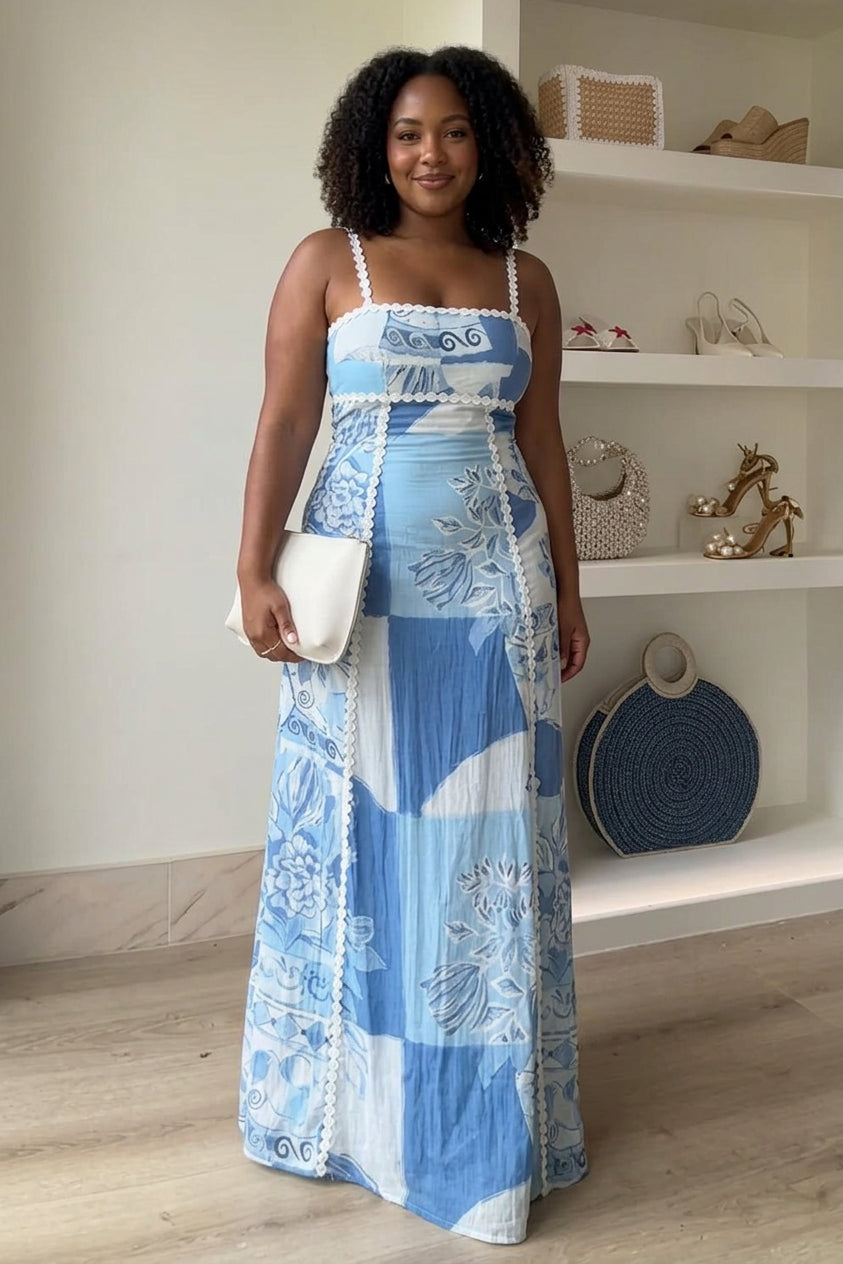 Eleonore | Ric Rac Strap Bow Back Printed Maxi Dress
