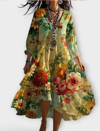 Multicolored floral tiered V-neck boho dress with 3/4 sleeves