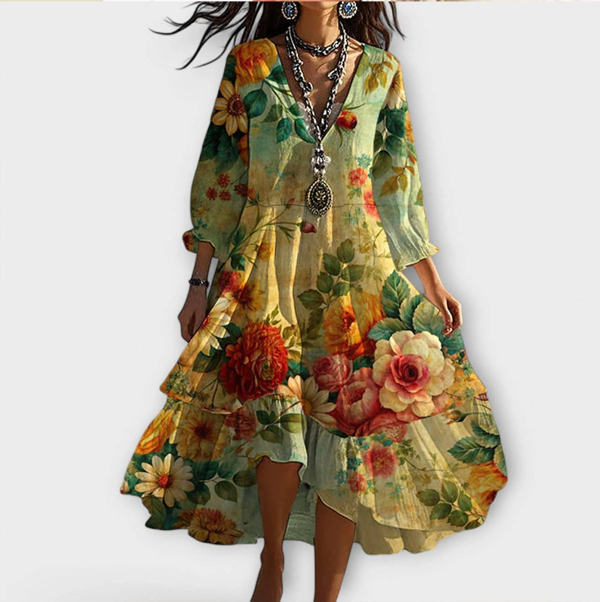 Multicolored floral tiered V-neck boho dress with 3/4 sleeves