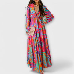 Multicolor abstract maxi dress with V-neck and long tiered sleeves