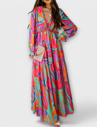 Multicolor abstract maxi dress with V-neck and long tiered sleeves