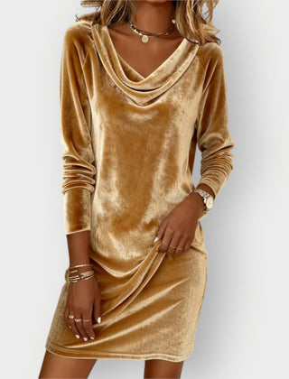 Gold velvet drape-neck mini dress with long sleeves and cowl neckline