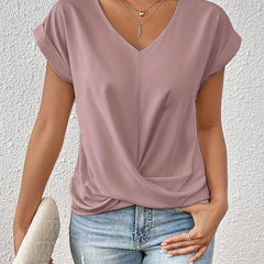 Dusty pink sweetheart V-neck casual t-shirt with draped knot front and short sleeves