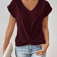Wine red sweetheart V-neck casual t-shirt with draped knot front and short sleeves
