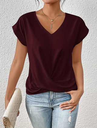 Wine red sweetheart V-neck casual t-shirt with draped knot front and short sleeves