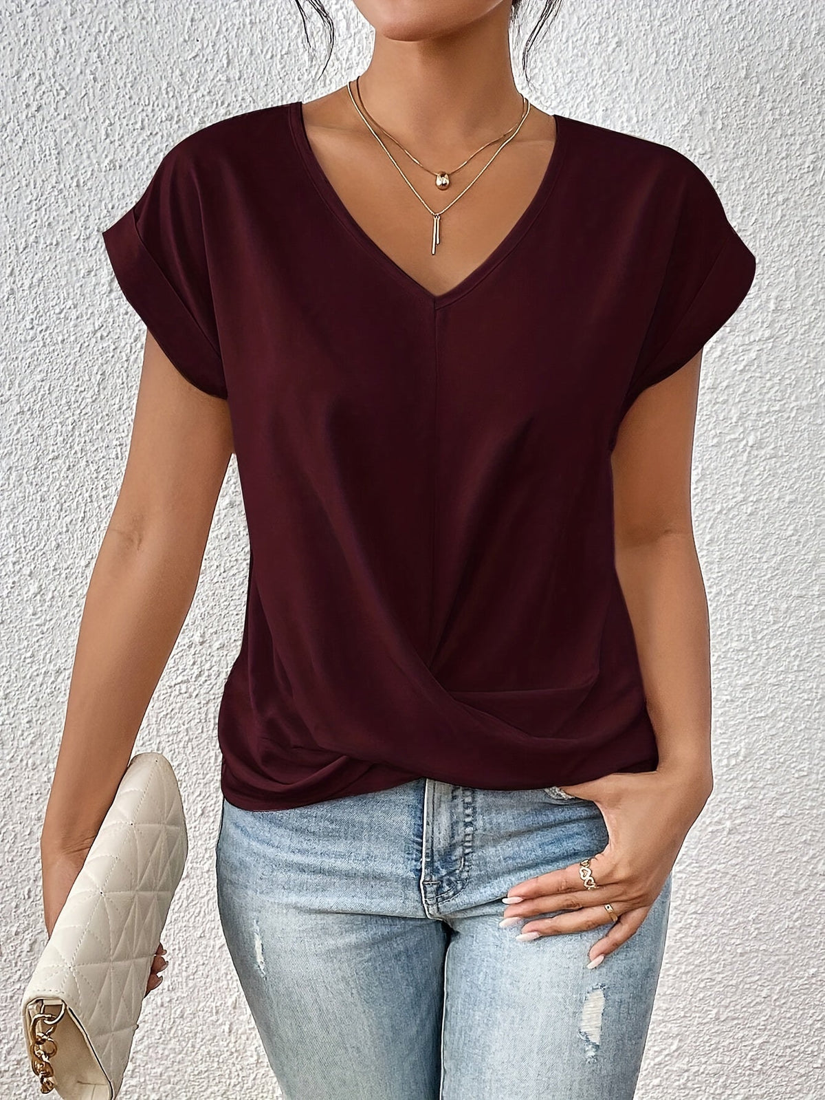 Wine red sweetheart V-neck casual t-shirt with draped knot front and short sleeves