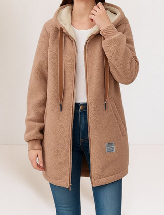 Brown fleece zip hoodie jacket with sherpa lining, drawstring hood, front zip, side pockets