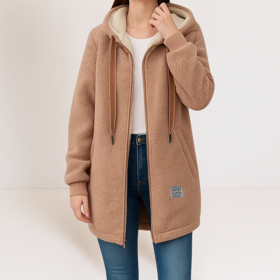 Brown fleece zip hoodie jacket with sherpa lining, drawstring hood, front zip, side pockets