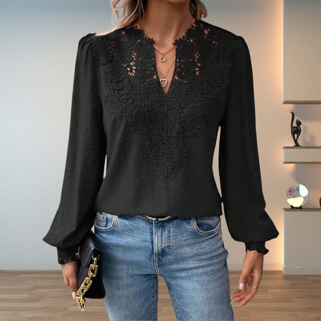 Black embroidered lightweight blouse with V-neck button placket and long puff sleeves